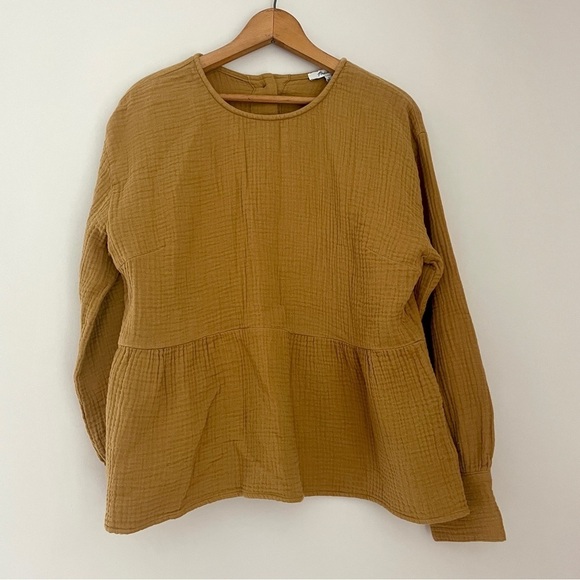 Madewell Lightspun Button-Back Peplum Top Mustard Yellow Tan Large - Picture 4 of 10
